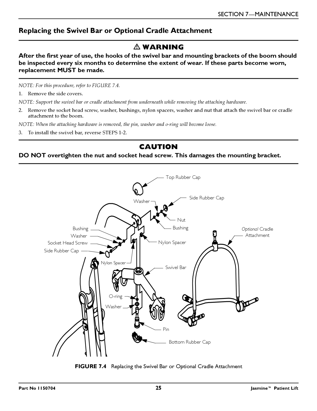 Invacare 1150704 manual Replacing the Swivel Bar or Optional Cradle Attachment 