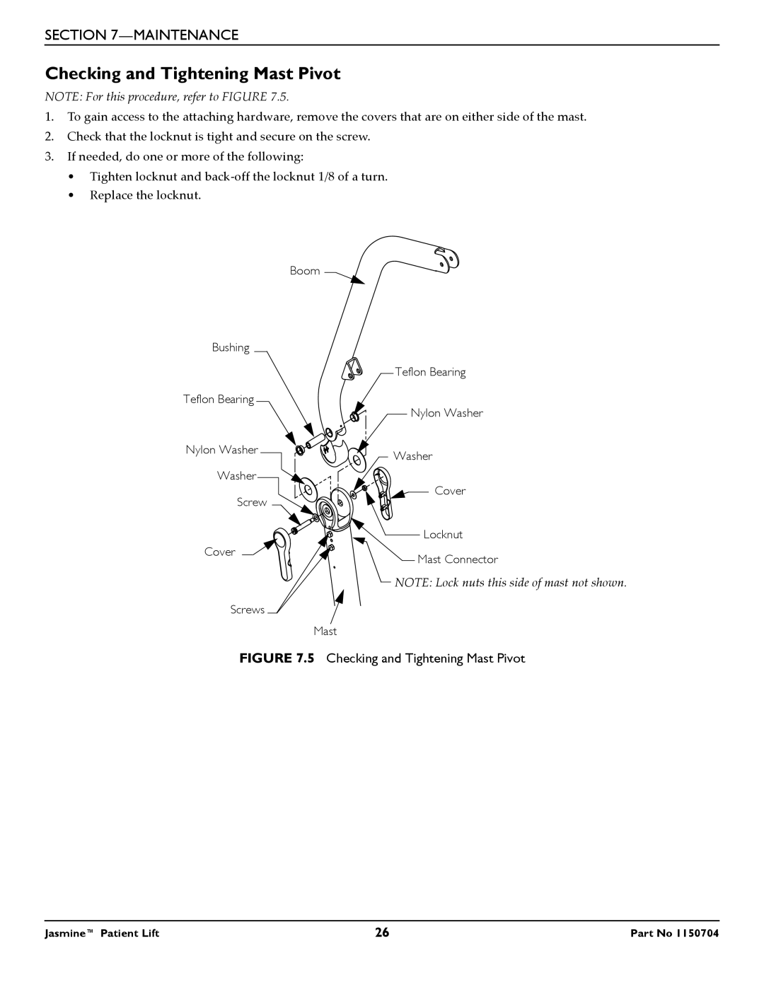 Invacare 1150704 manual Checking and Tightening Mast Pivot 