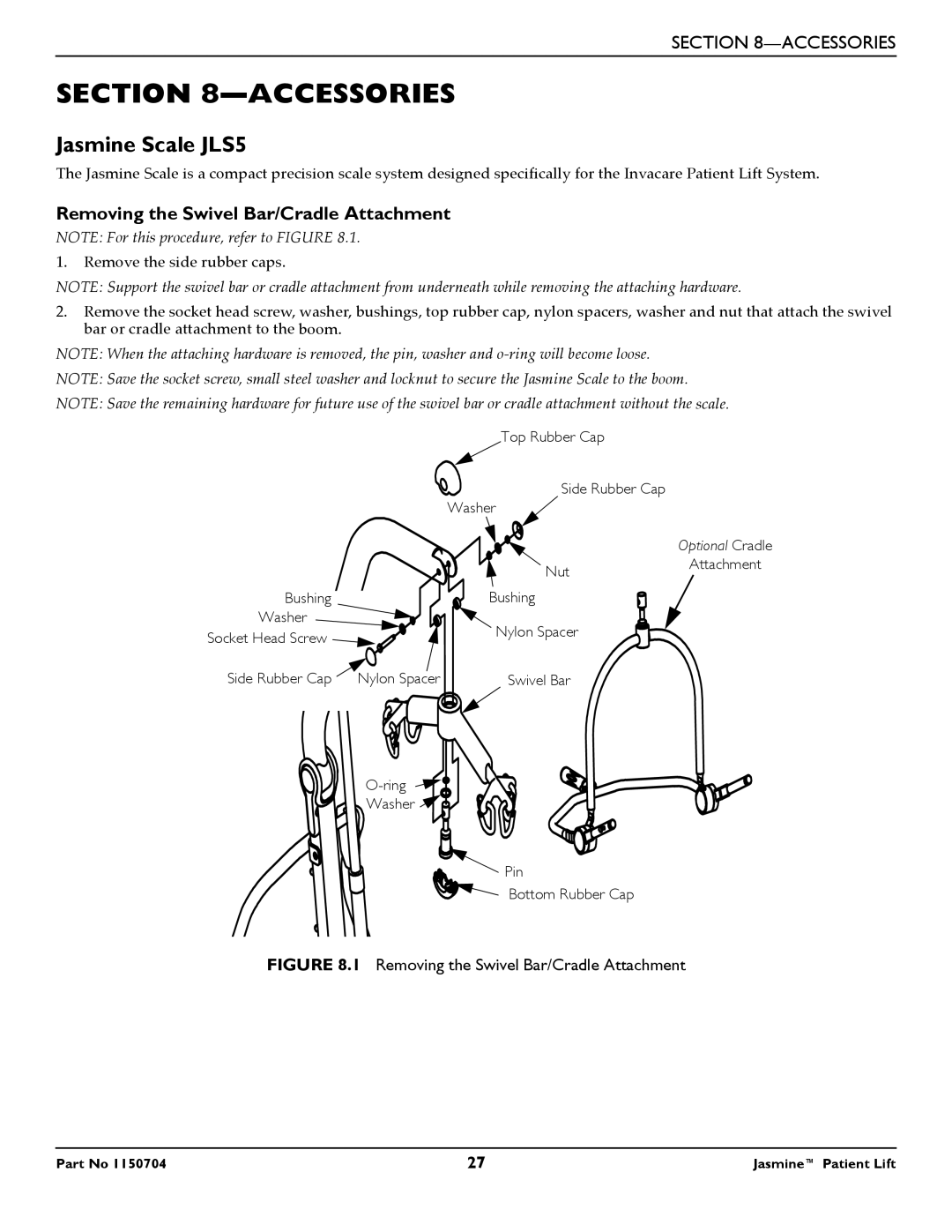 Invacare 1150704 manual Accessories, Removing the Swivel Bar/Cradle Attachment 