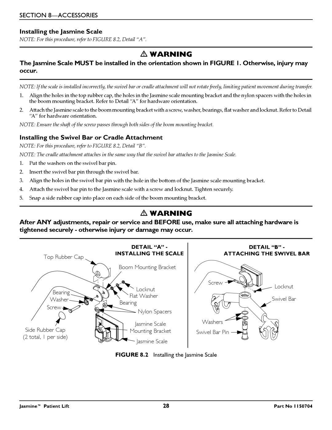 Invacare 1150704 manual Installing the Swivel Bar or Cradle Attachment, Installing the Jasmine Scale 