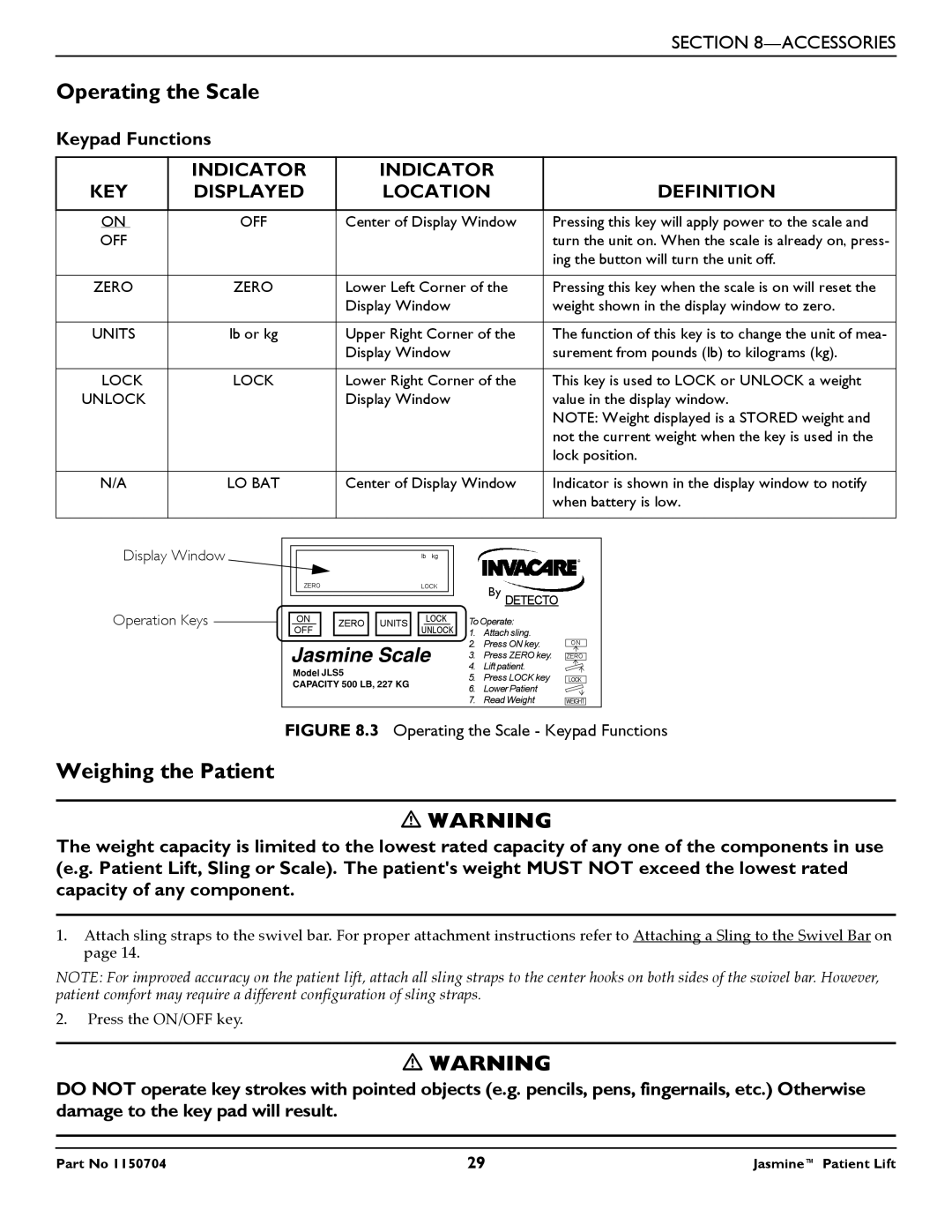 Invacare 1150704 manual Operating the Scale, Weighing the Patient, Keypad Functions 