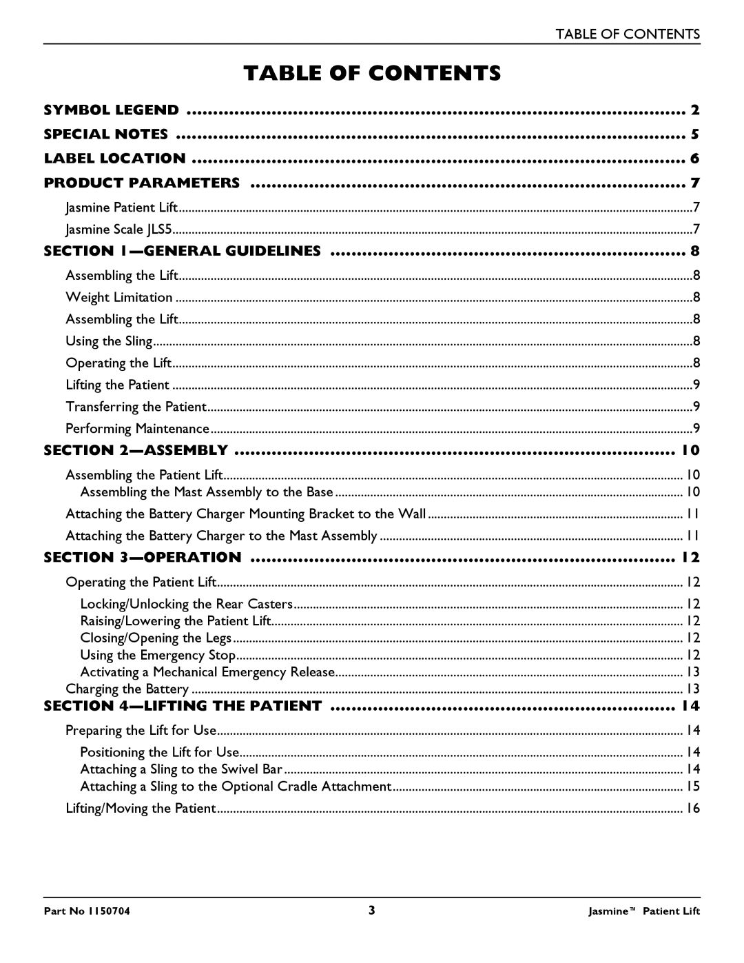 Invacare 1150704 manual Table of Contents 