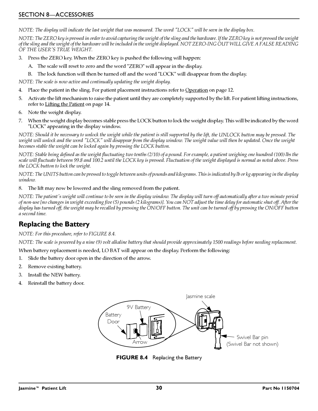 Invacare 1150704 manual Replacing the Battery 