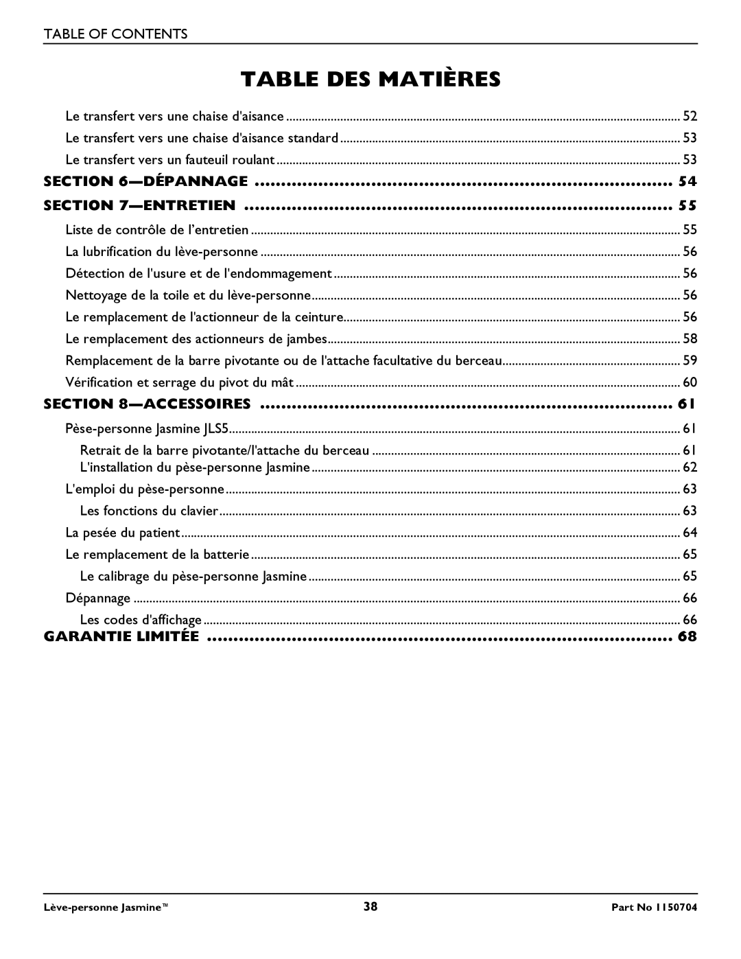 Invacare 1150704 manual Dépannage Entretien, Accessoires, Garantie Limitée 