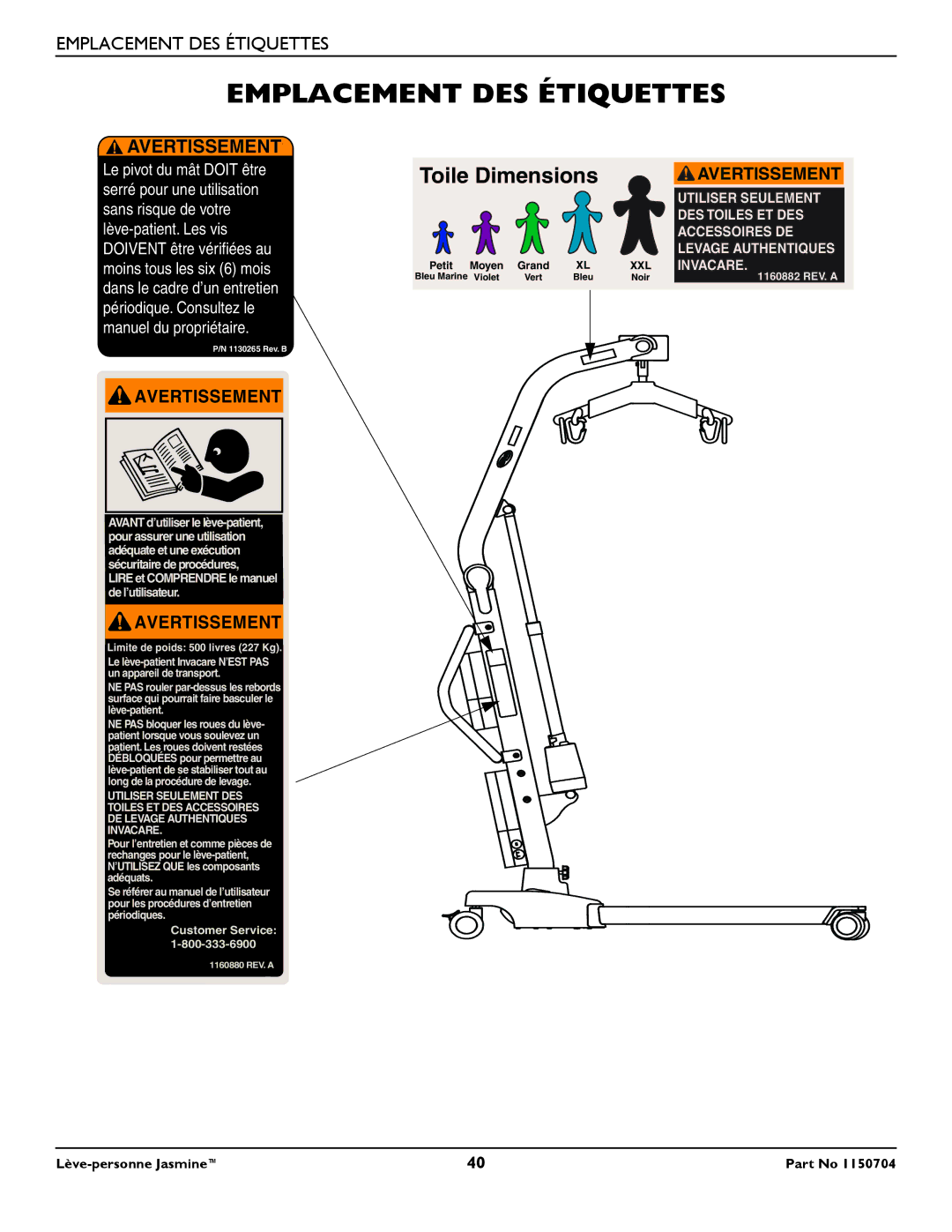 Invacare 1150704 manual Emplacement DES Étiquettes, Avertissement 