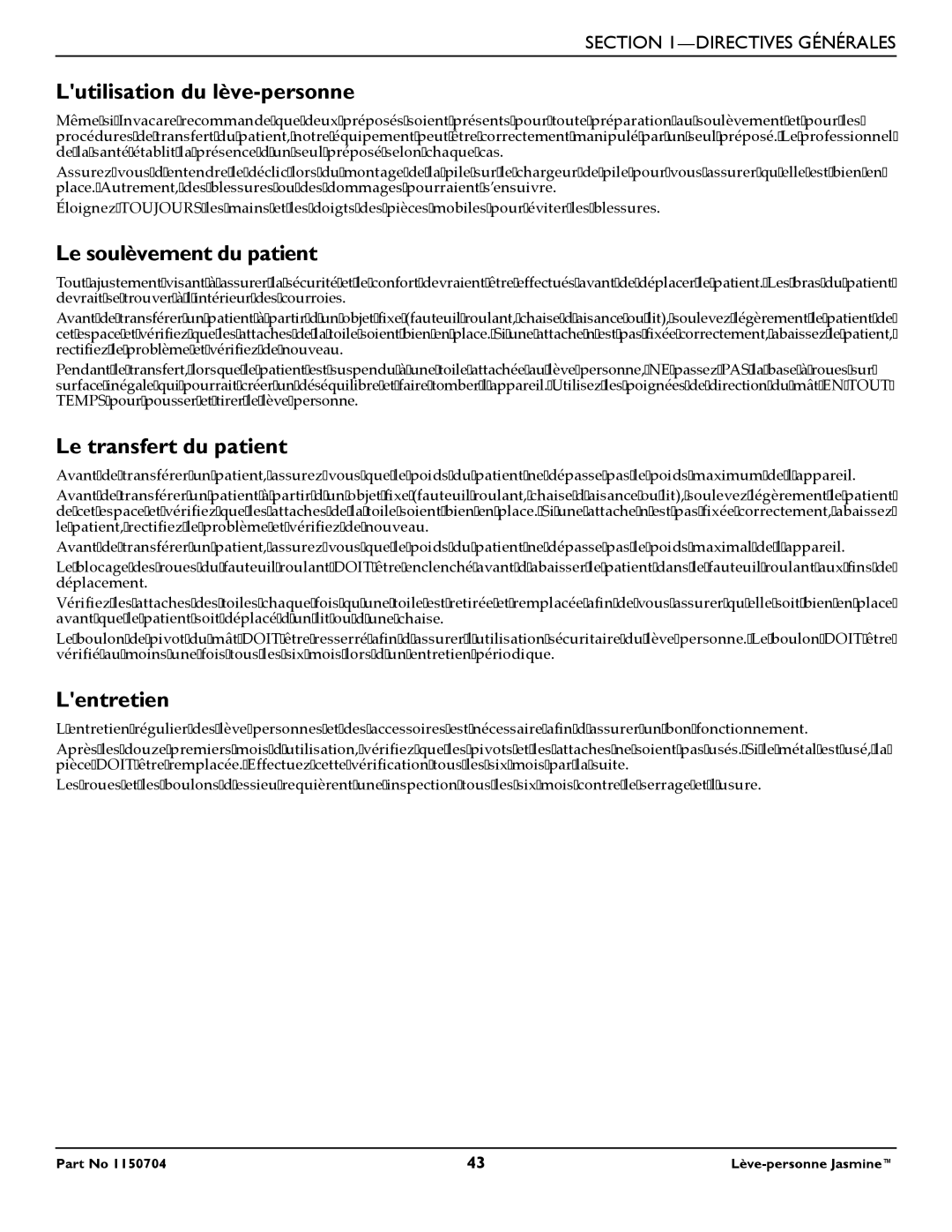 Invacare 1150704 manual Lutilisation du lève-personne, Le soulèvement du patient, Le transfert du patient, Lentretien 