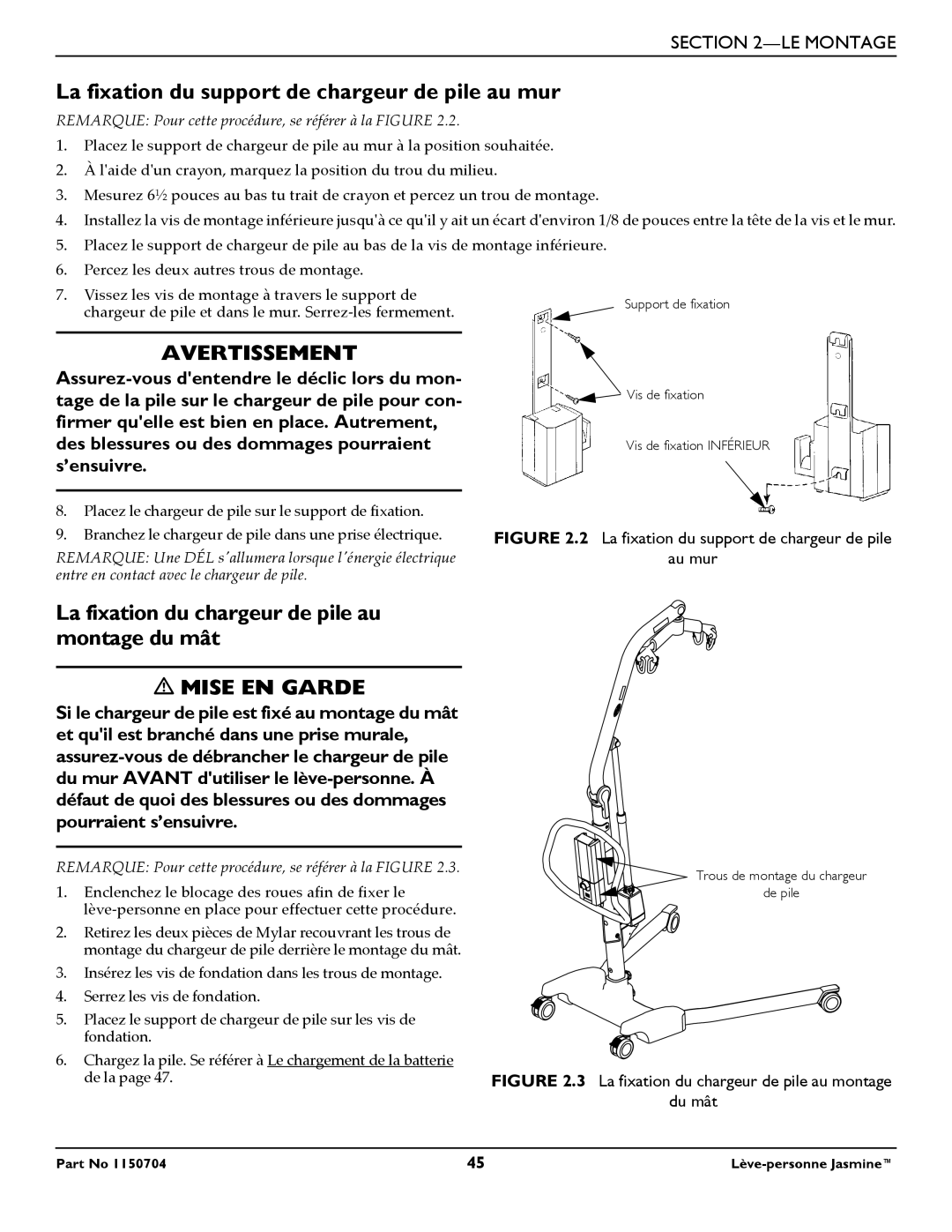 Invacare 1150704 La fixation du support de chargeur de pile au mur, La fixation du chargeur de pile au montage du mât 