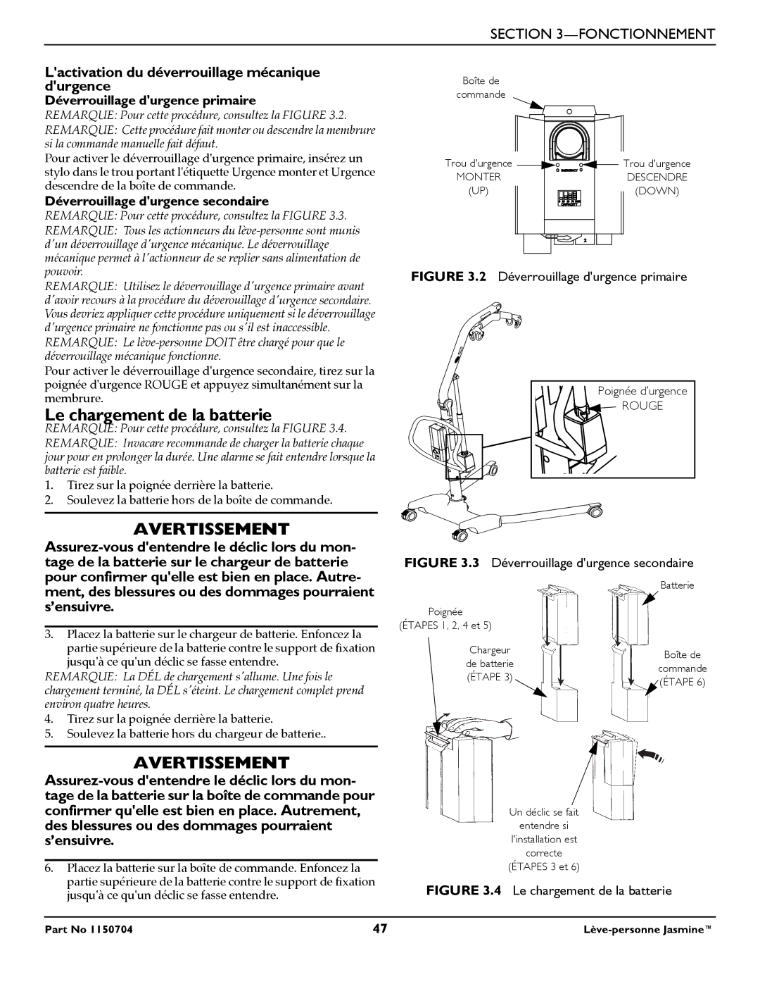 Invacare 1150704 manual Le chargement de la batterie, Lactivation du déverrouillage mécanique durgence 