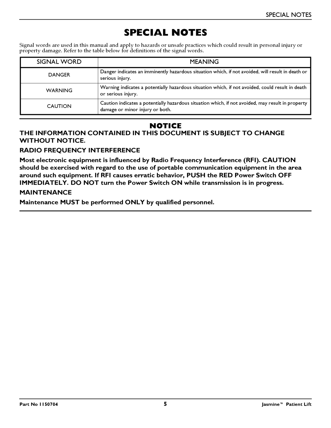 Invacare 1150704 manual Special Notes, Maintenance Must be performed only by qualified personnel 