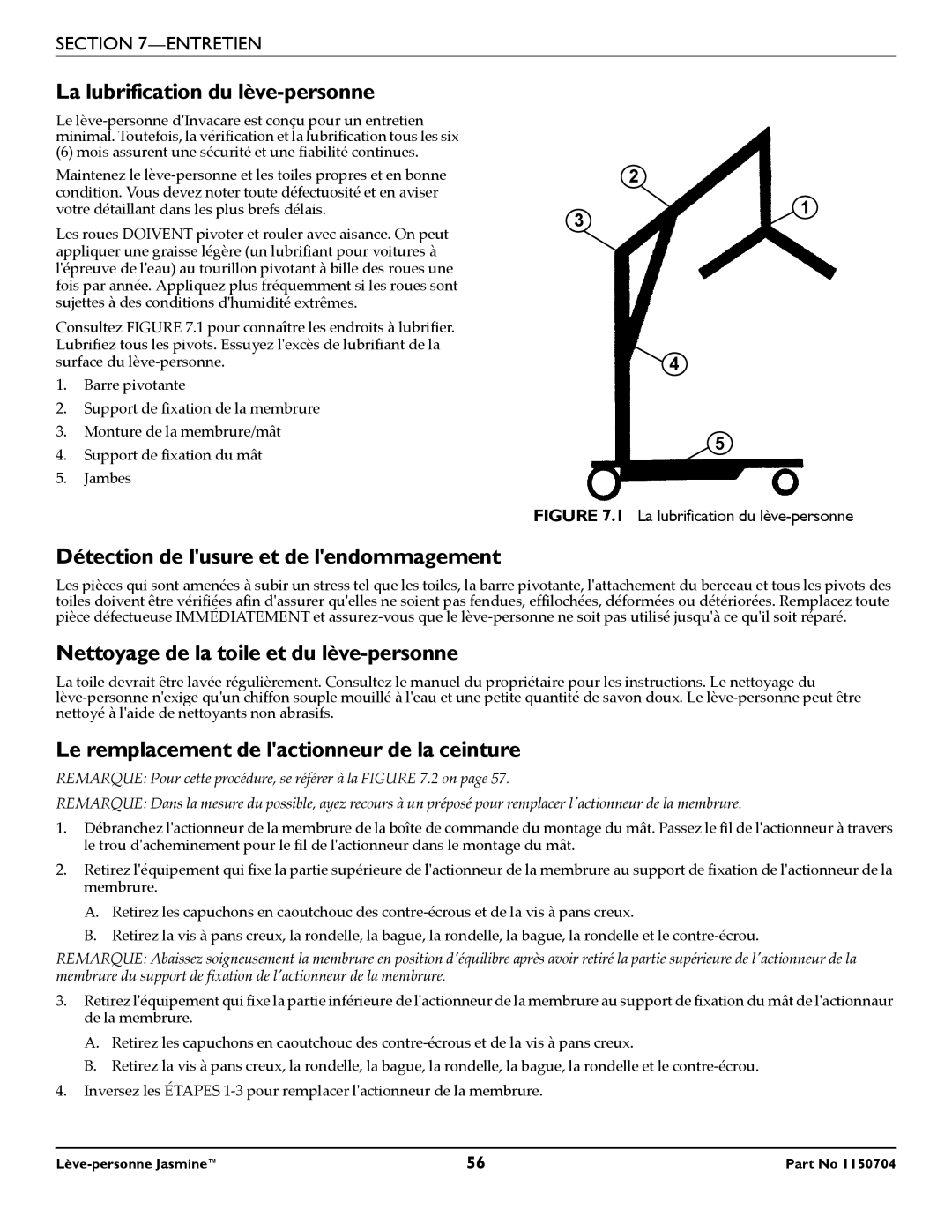 Invacare 1150704 manual La lubrification du lève-personne, Détection de lusure et de lendommagement 