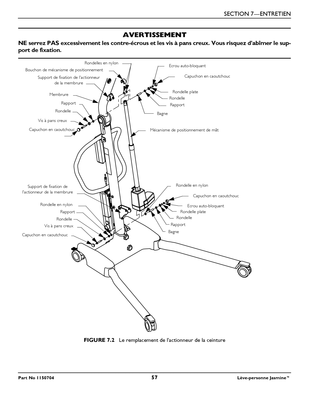 Invacare 1150704 manual Le remplacement de lactionneur de la ceinture 