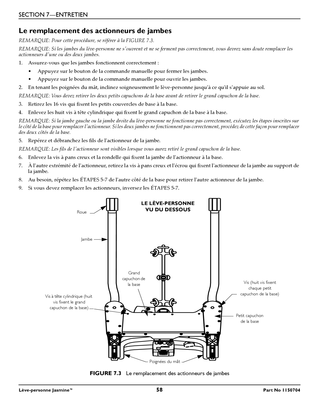 Invacare 1150704 manual Le remplacement des actionneurs de jambes, VU DU Dessous 