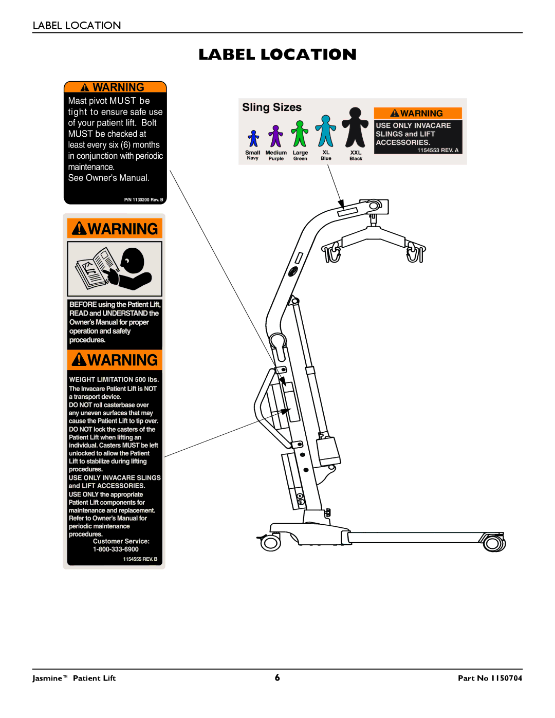 Invacare 1150704 manual Label Location, Sling Sizes 