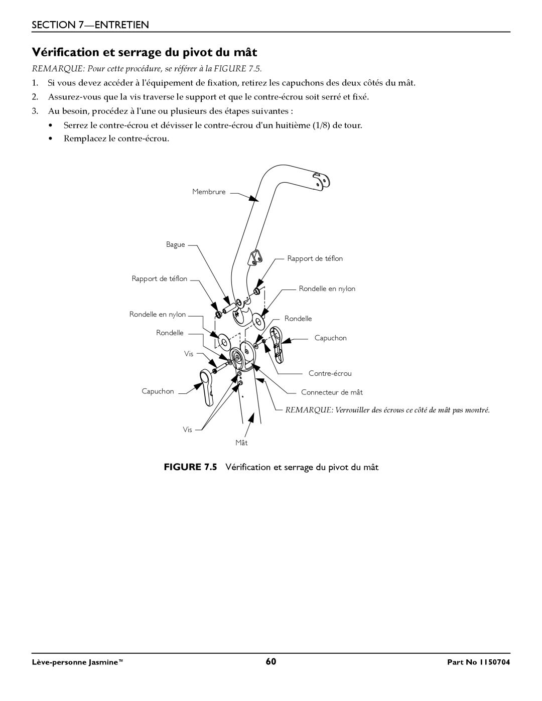 Invacare 1150704 manual Vérification et serrage du pivot du mât 