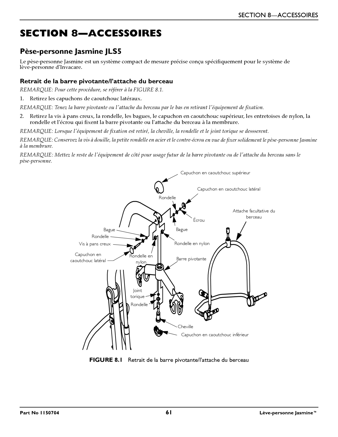 Invacare 1150704 manual Accessoires, Retrait de la barre pivotante/lattache du berceau 