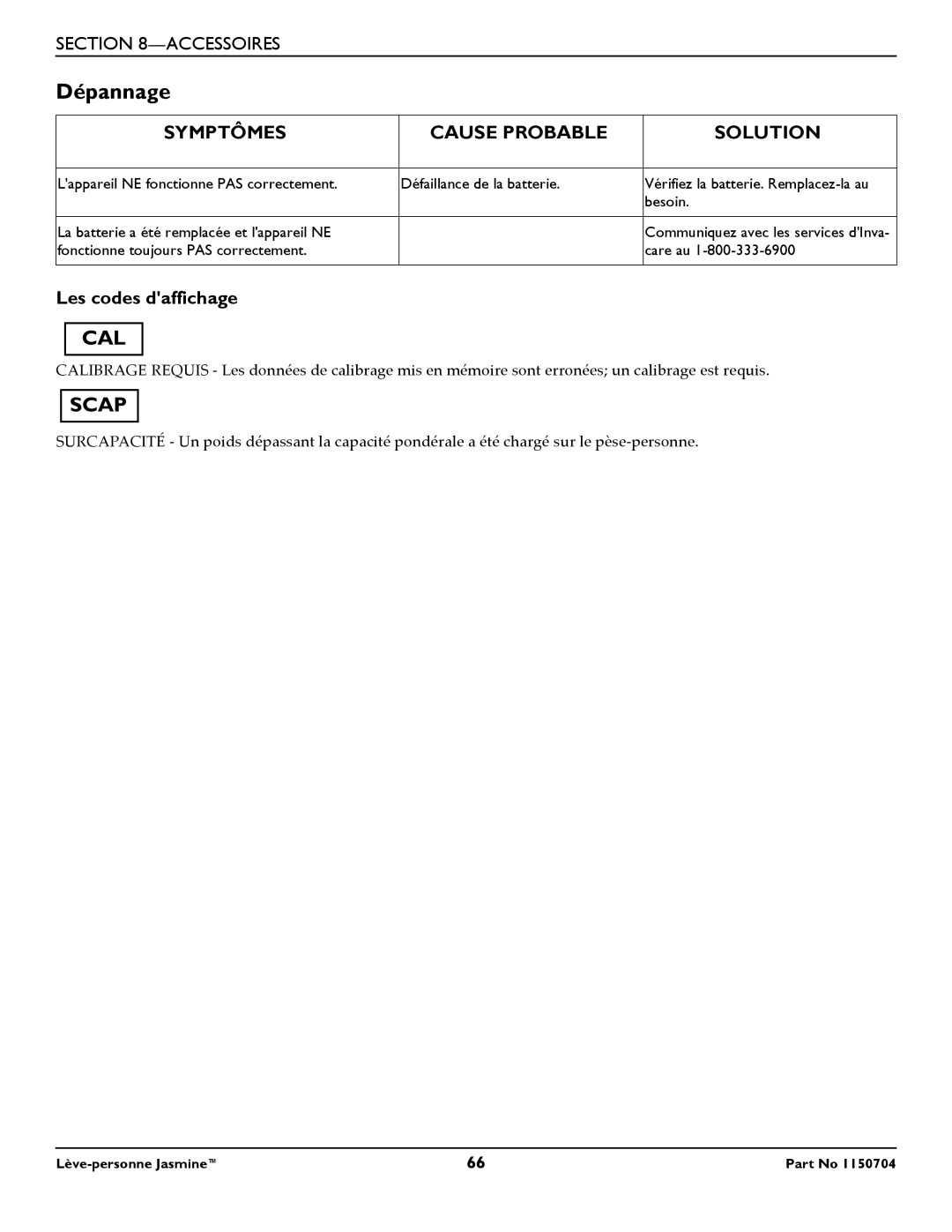 Invacare 1150704 manual Dépannage, Symptômes Cause Probable Solution, Les codes daffichage 