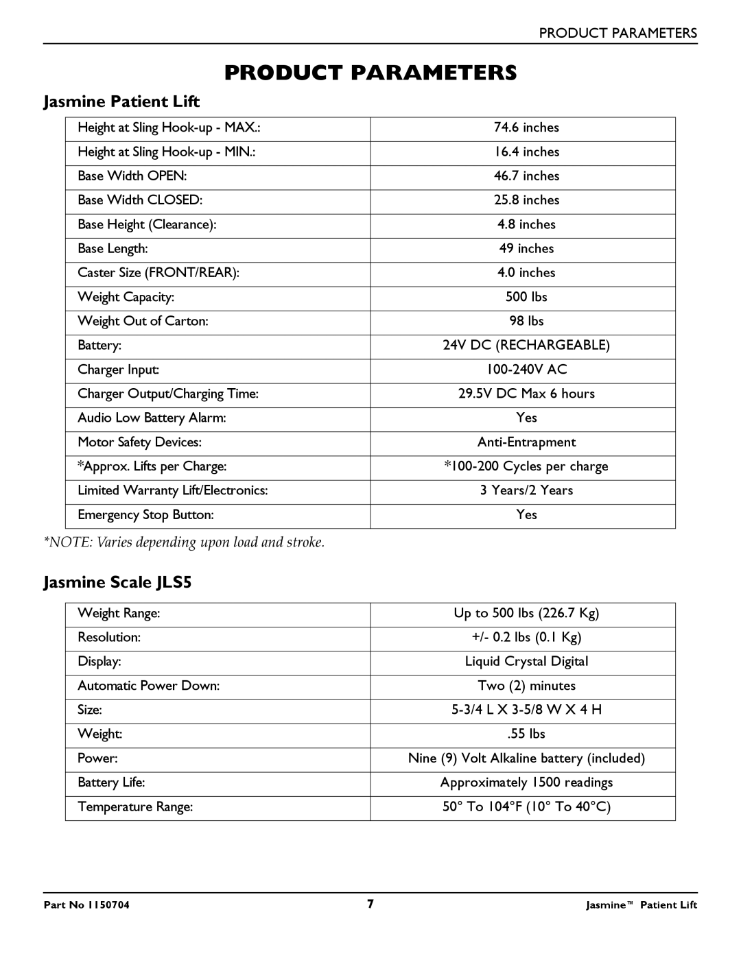 Invacare 1150704 manual Product Parameters, Jasmine Patient Lift, Jasmine Scale JLS5 