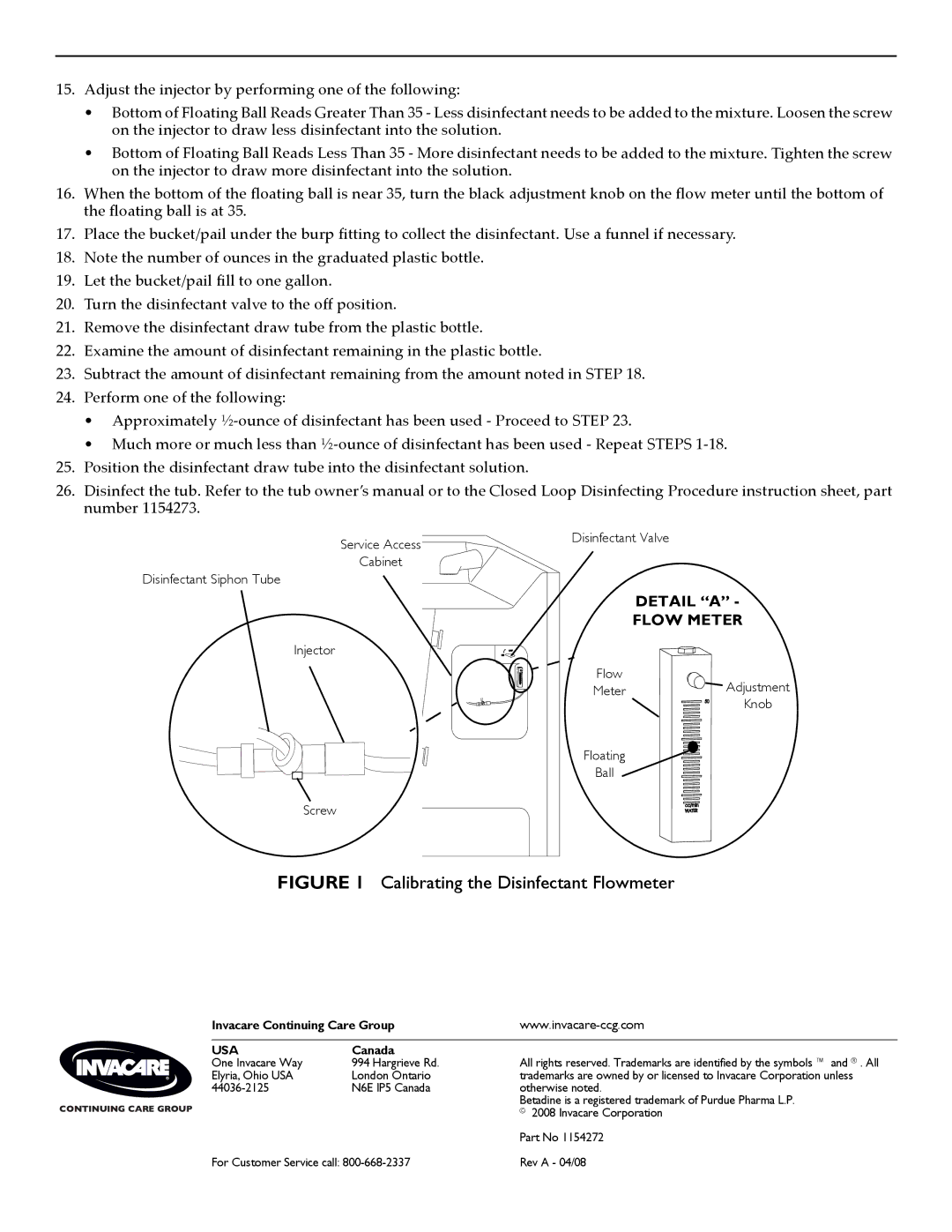 Invacare 1154272 owner manual Detail a Flow Meter, Floating Ball, Invacare Continuing Care Group, Usa, Canada 