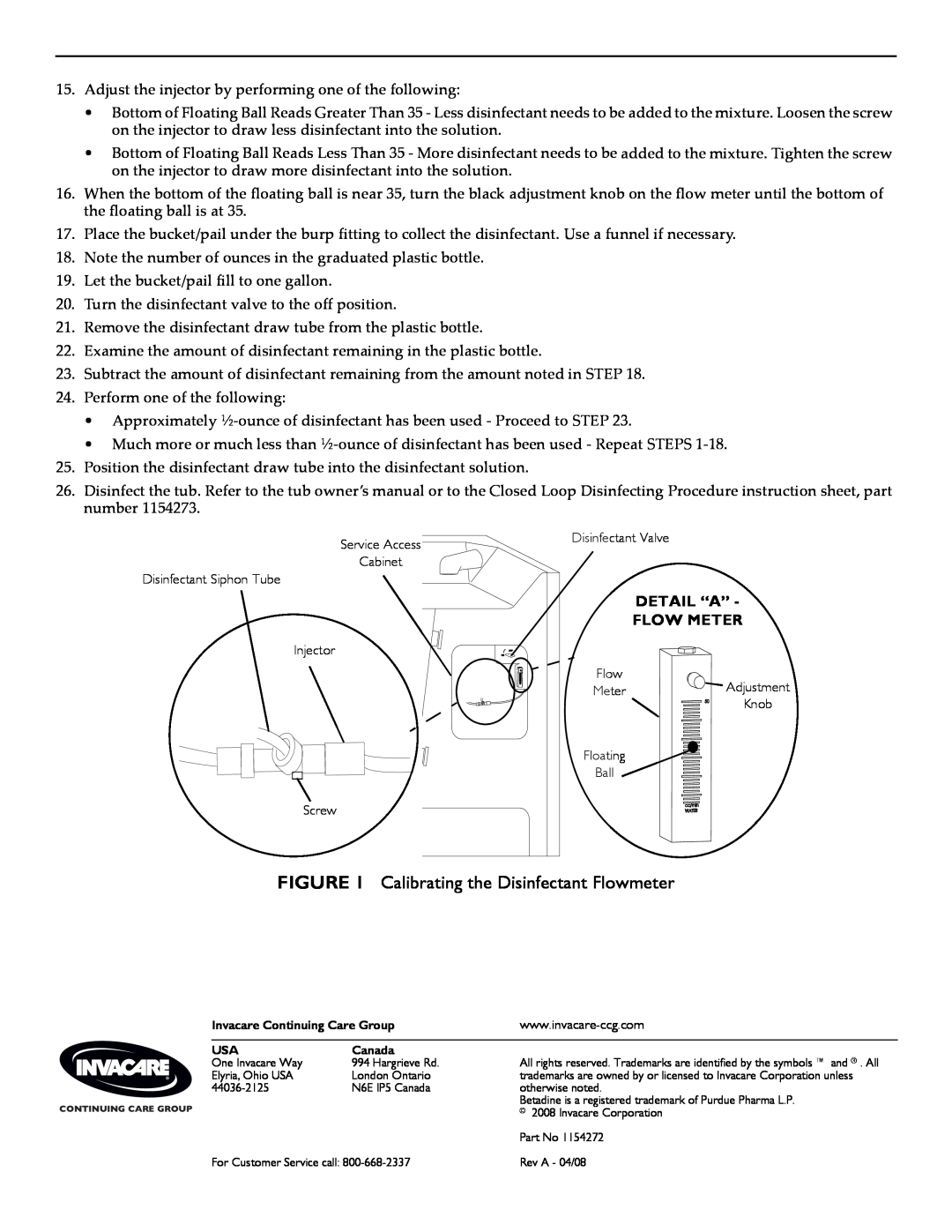 Invacare 1154272 owner manual Calibrating the Disinfectant Flowmeter, Detail “A” Flow Meter 