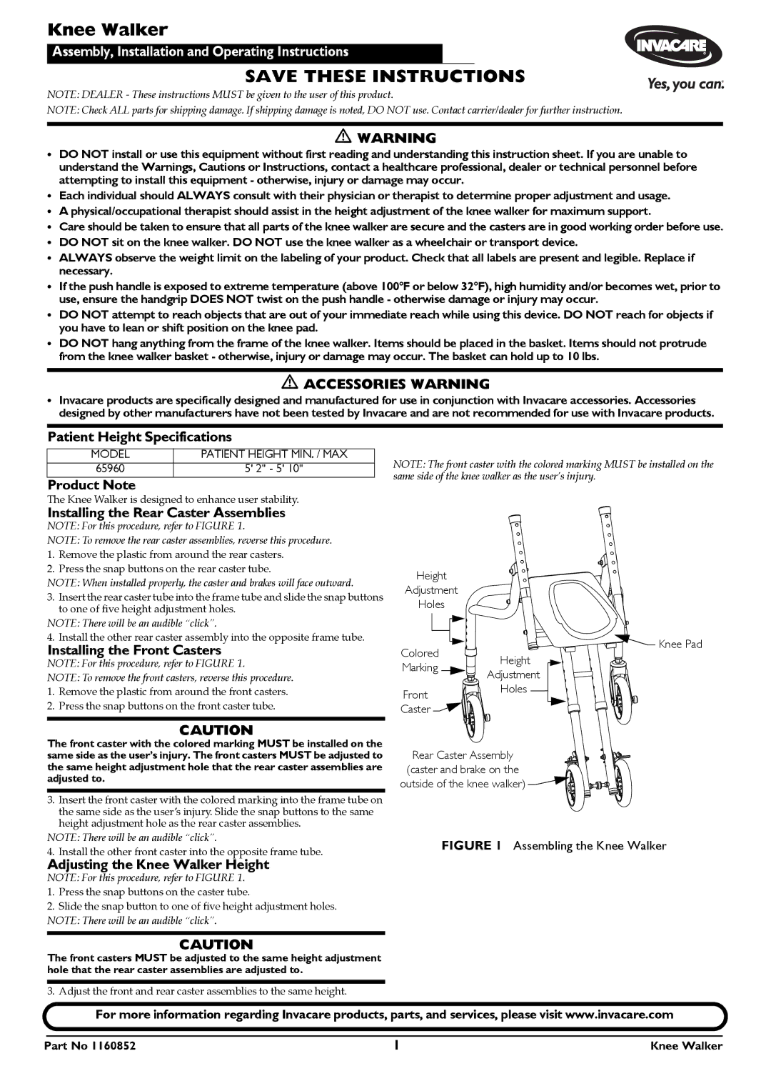 Invacare 1160852 specifications Patient Height Specifications, Product Note, Installing the Rear Caster Assemblies 