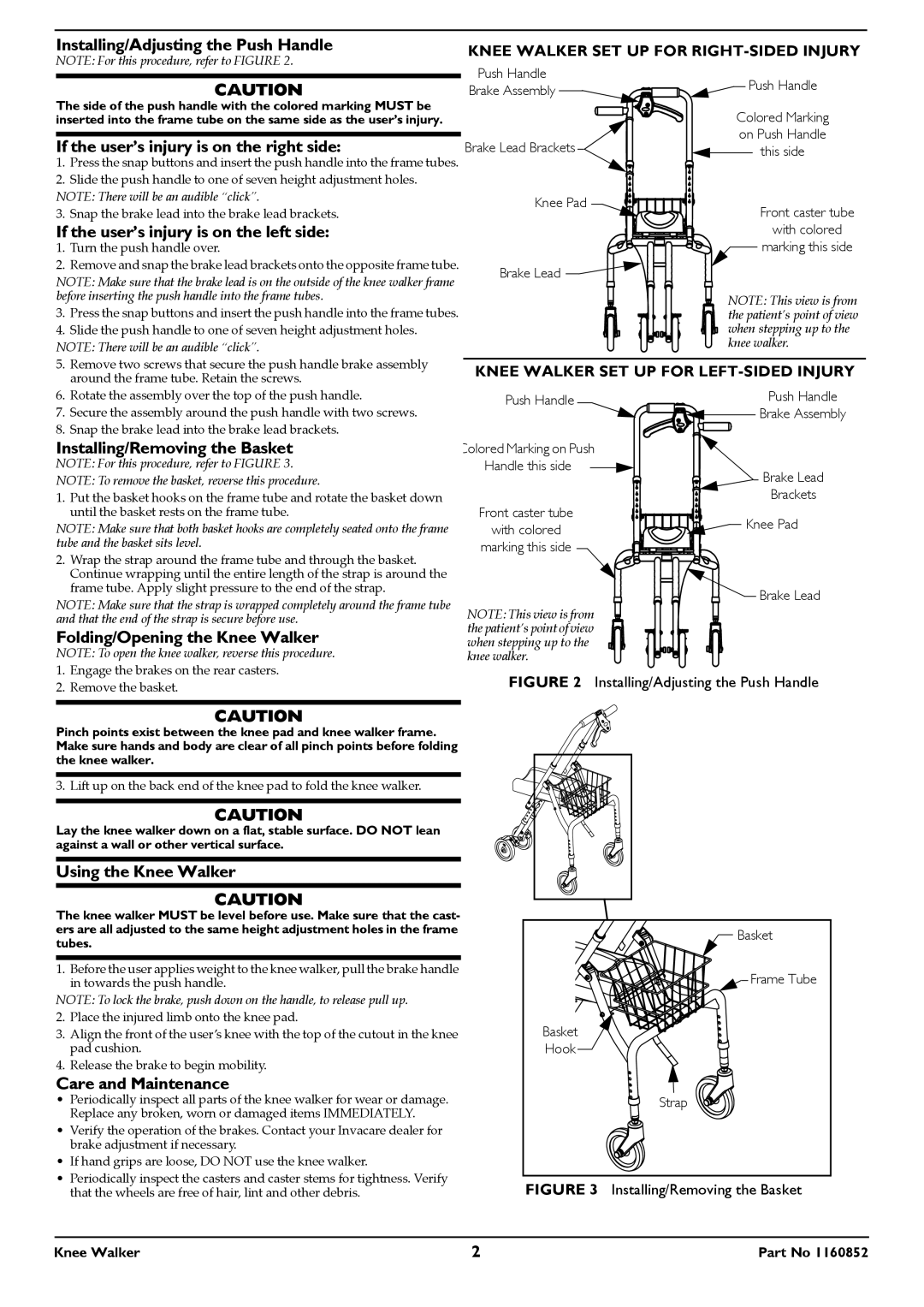 Invacare 1160852 Installing/Adjusting the Push Handle, If the user’s injury is on the right side, Using the Knee Walker 