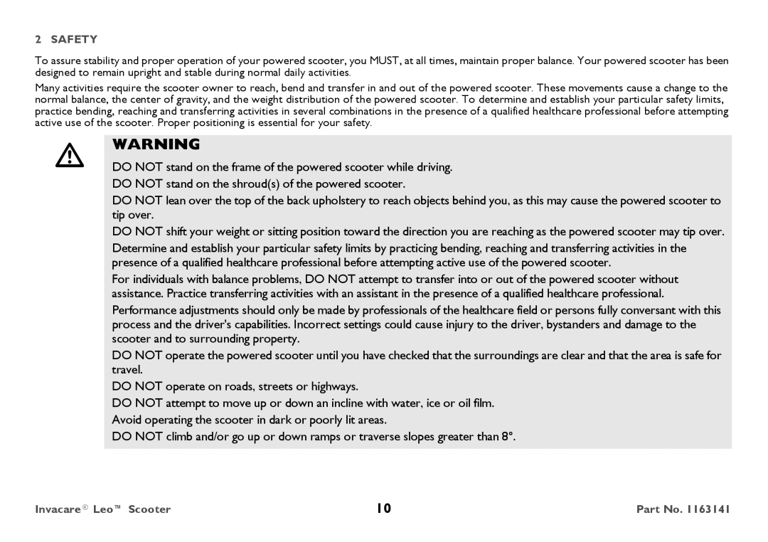 Invacare 1163141 user manual Safety 