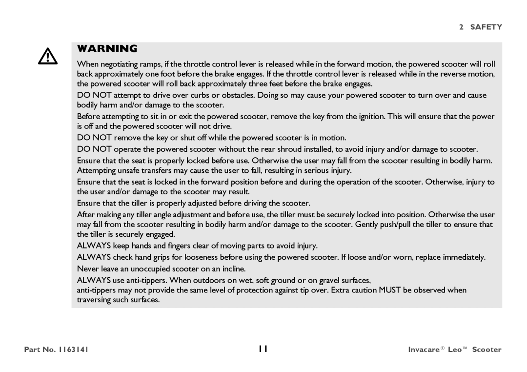 Invacare 1163141 user manual Safety 