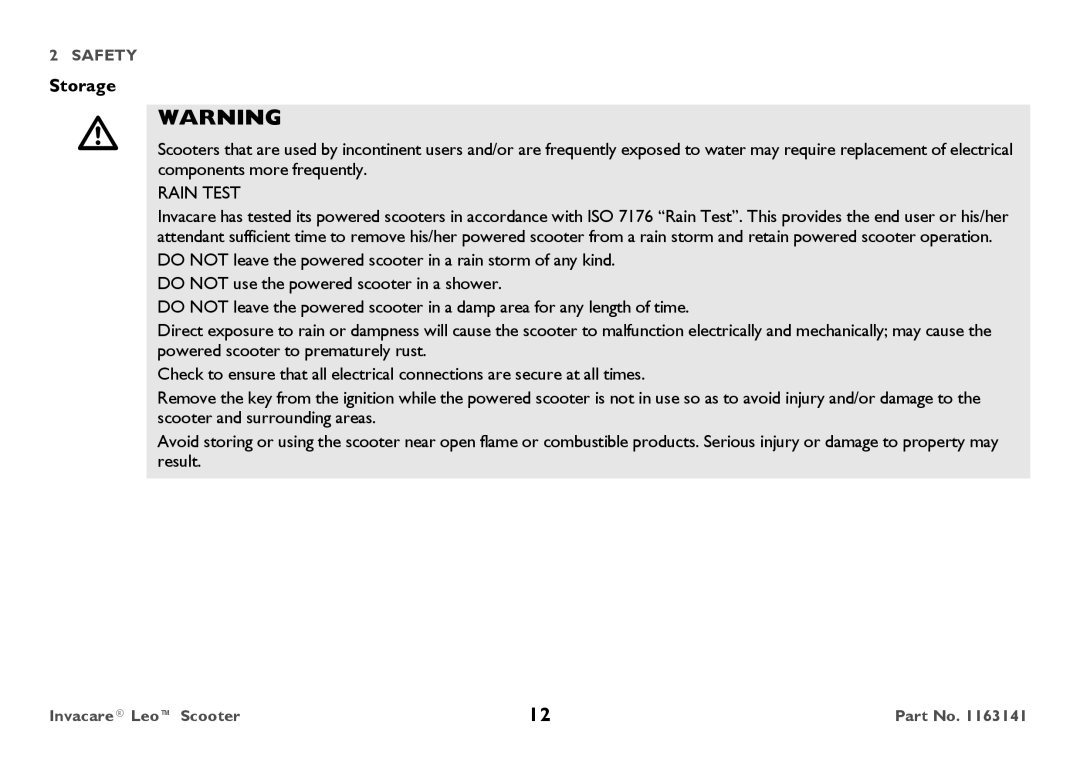 Invacare 1163141 user manual Storage, Rain Test 