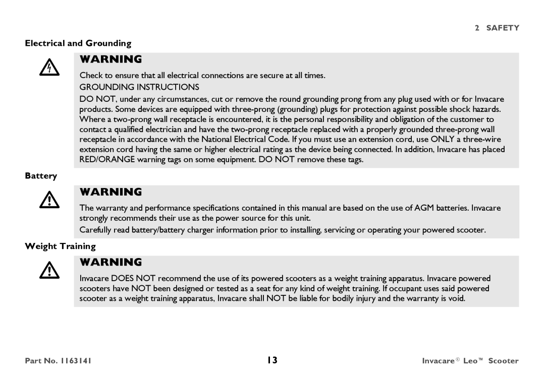 Invacare 1163141 user manual Electrical and Grounding, Battery, Weight Training 