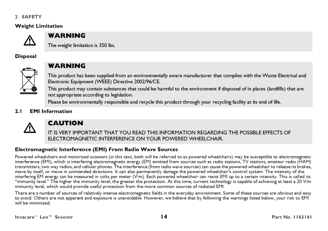 Invacare 1163141 Weight Limitation, Disposal, EMI Information, Electromagnetic Interference EMI From Radio Wave Sources 