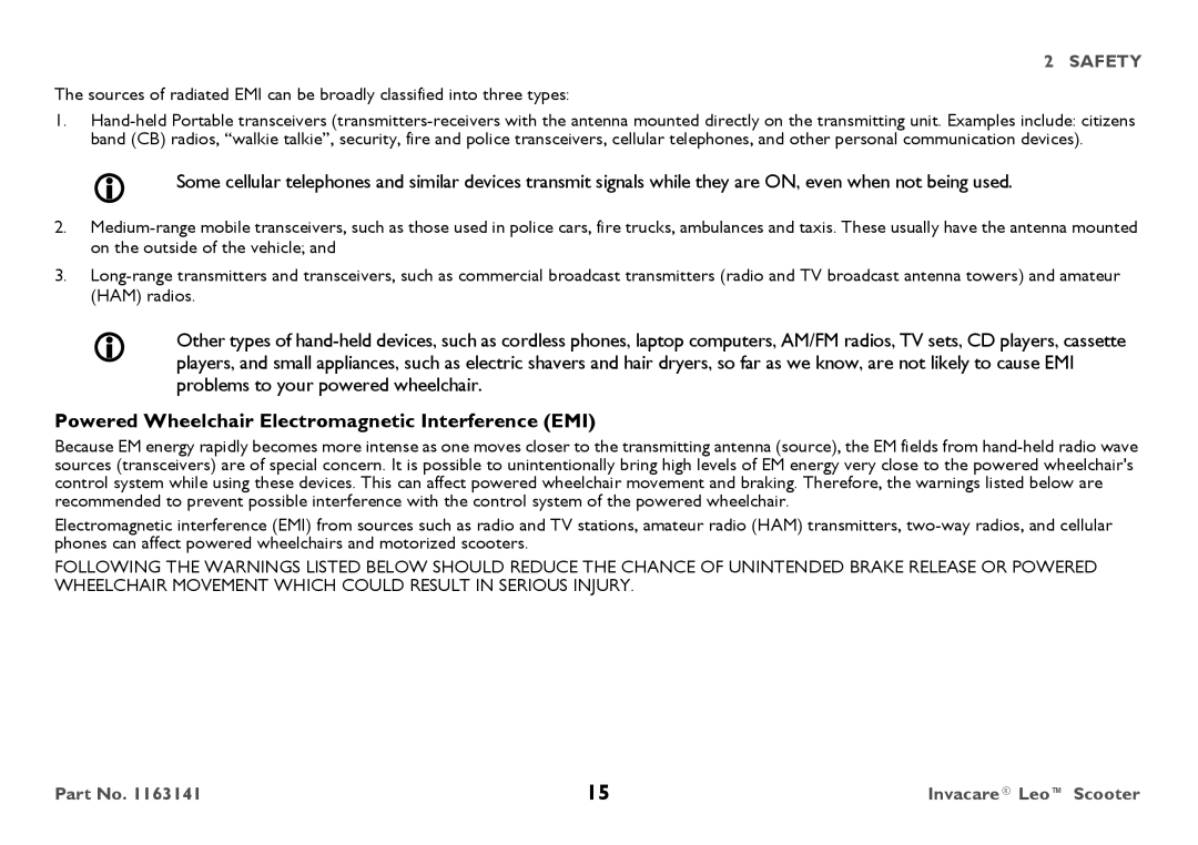 Invacare 1163141 user manual Powered Wheelchair Electromagnetic Interference EMI 