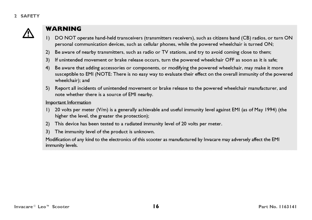 Invacare 1163141 user manual Safety 