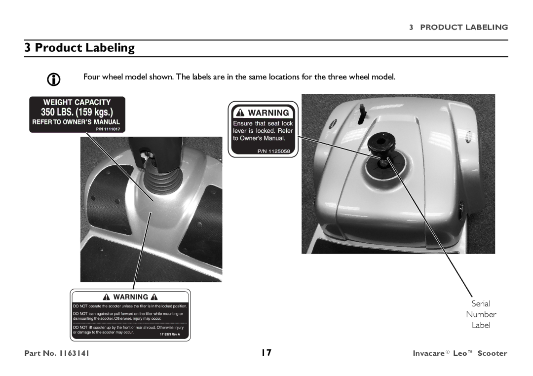 Invacare 1163141 user manual Product Labeling, Serial Number Label 