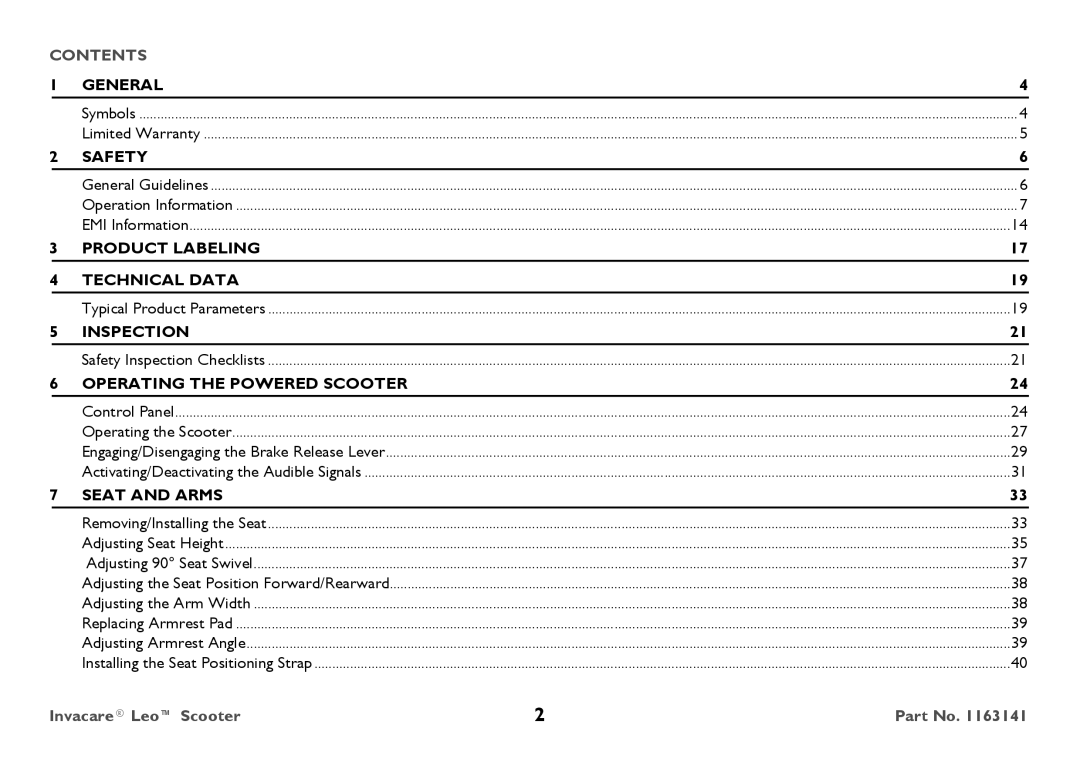 Invacare 1163141 user manual Contents 