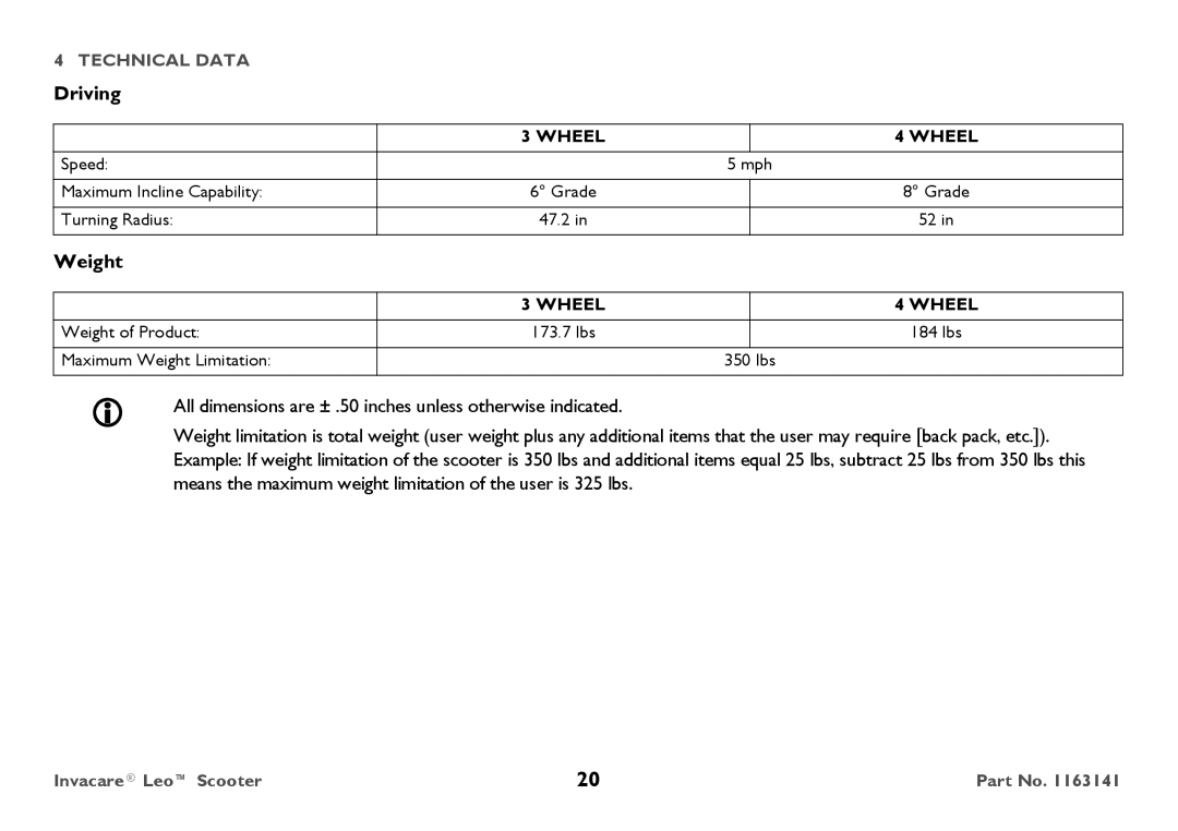 Invacare 1163141 user manual Driving, Weight 