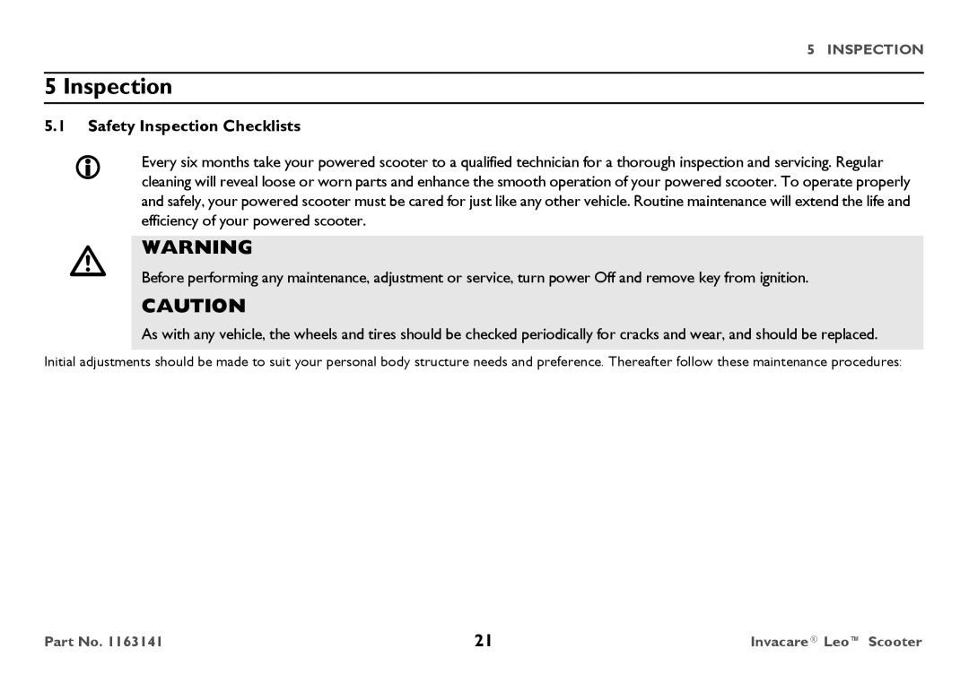 Invacare 1163141 user manual Safety Inspection Checklists 