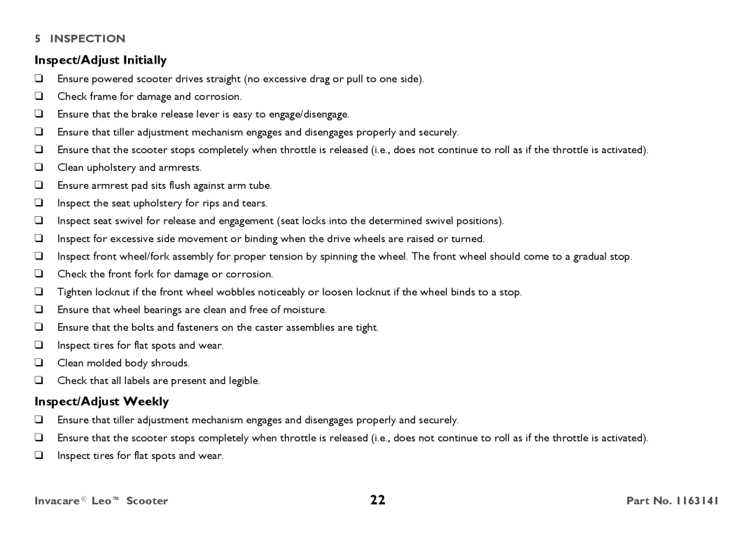 Invacare 1163141 user manual Inspect/Adjust Initially, Inspect/Adjust Weekly 