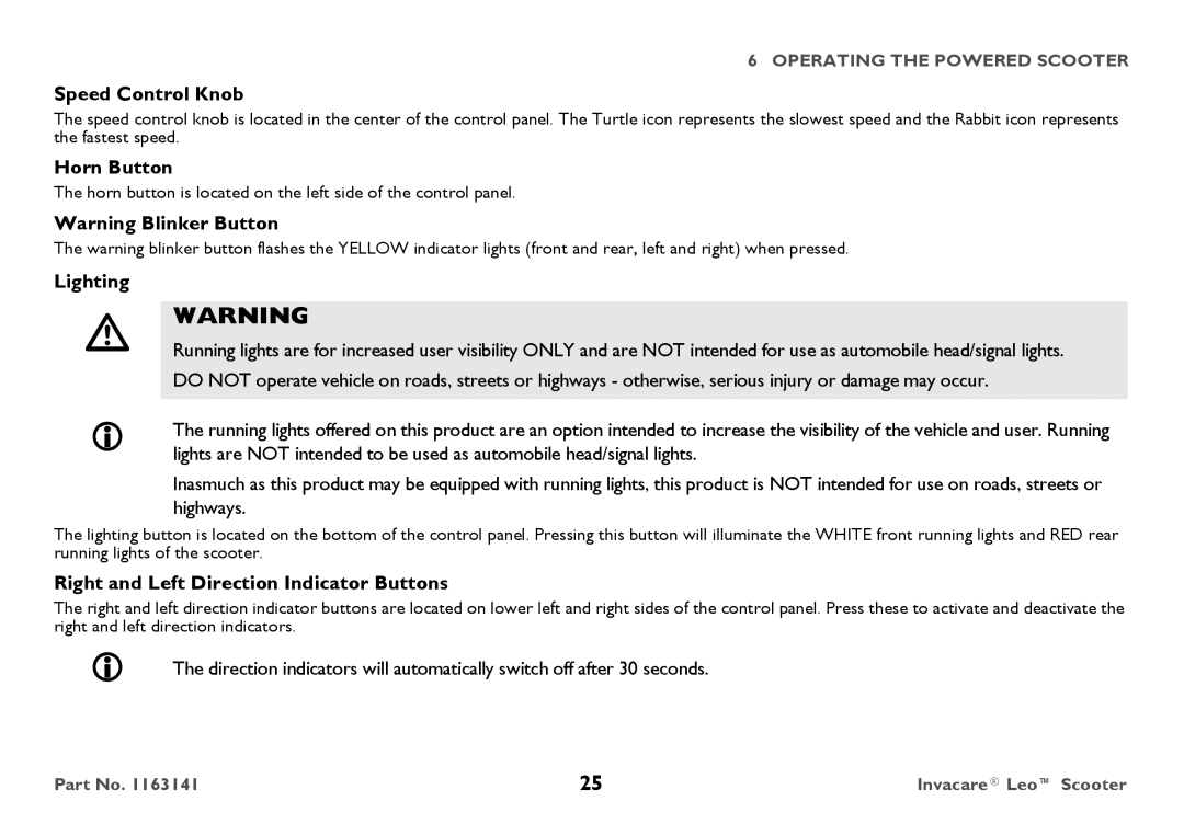 Invacare 1163141 user manual Speed Control Knob, Horn Button, Lighting, Right and Left Direction Indicator Buttons 