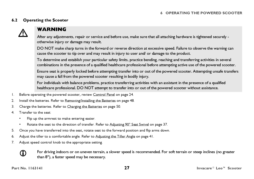 Invacare 1163141 user manual Operating the Scooter 