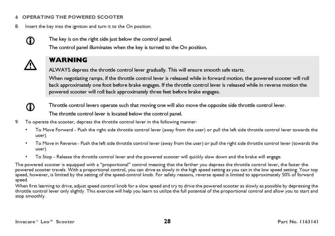 Invacare 1163141 user manual Operating the Powered Scooter 