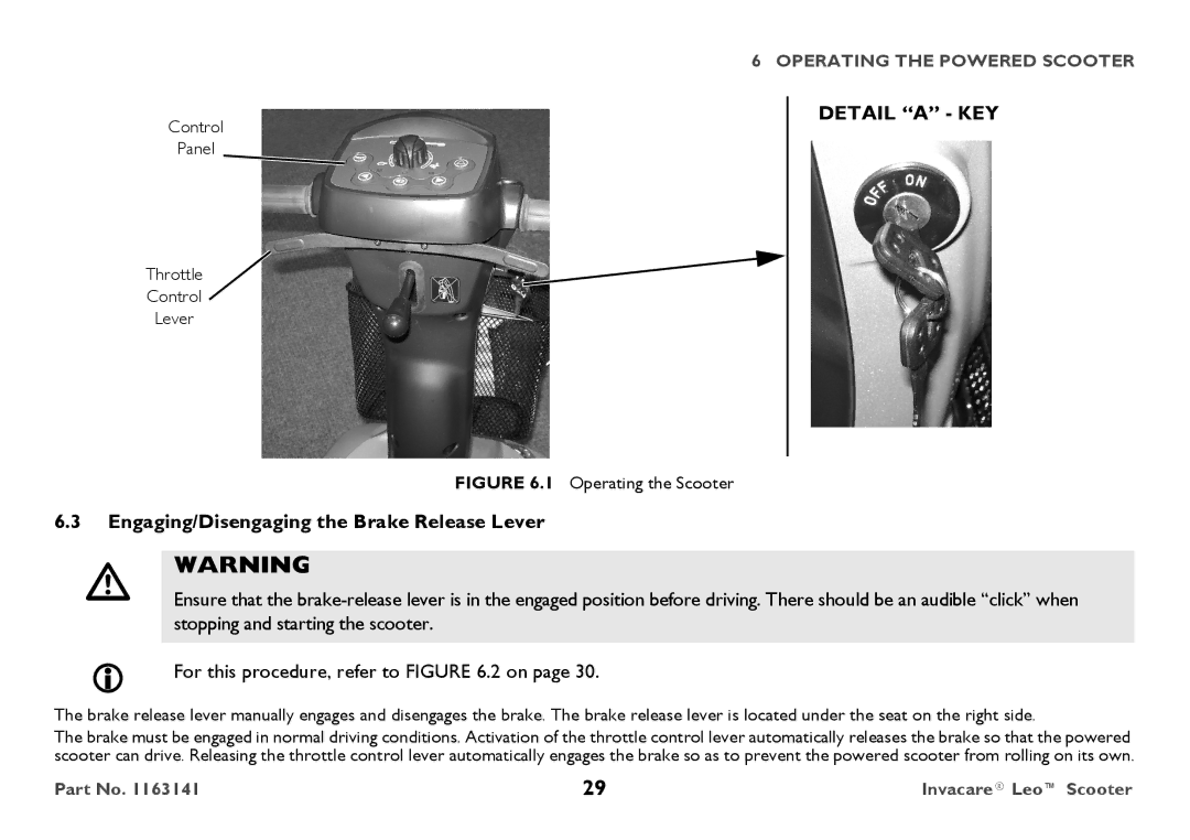 Invacare 1163141 user manual Detail a KEY, Engaging/Disengaging the Brake Release Lever 