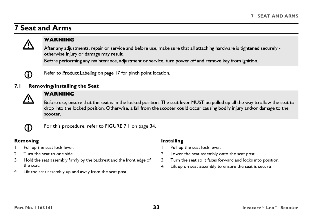 Invacare 1163141 user manual Seat and Arms, Removing/Installing the Seat 