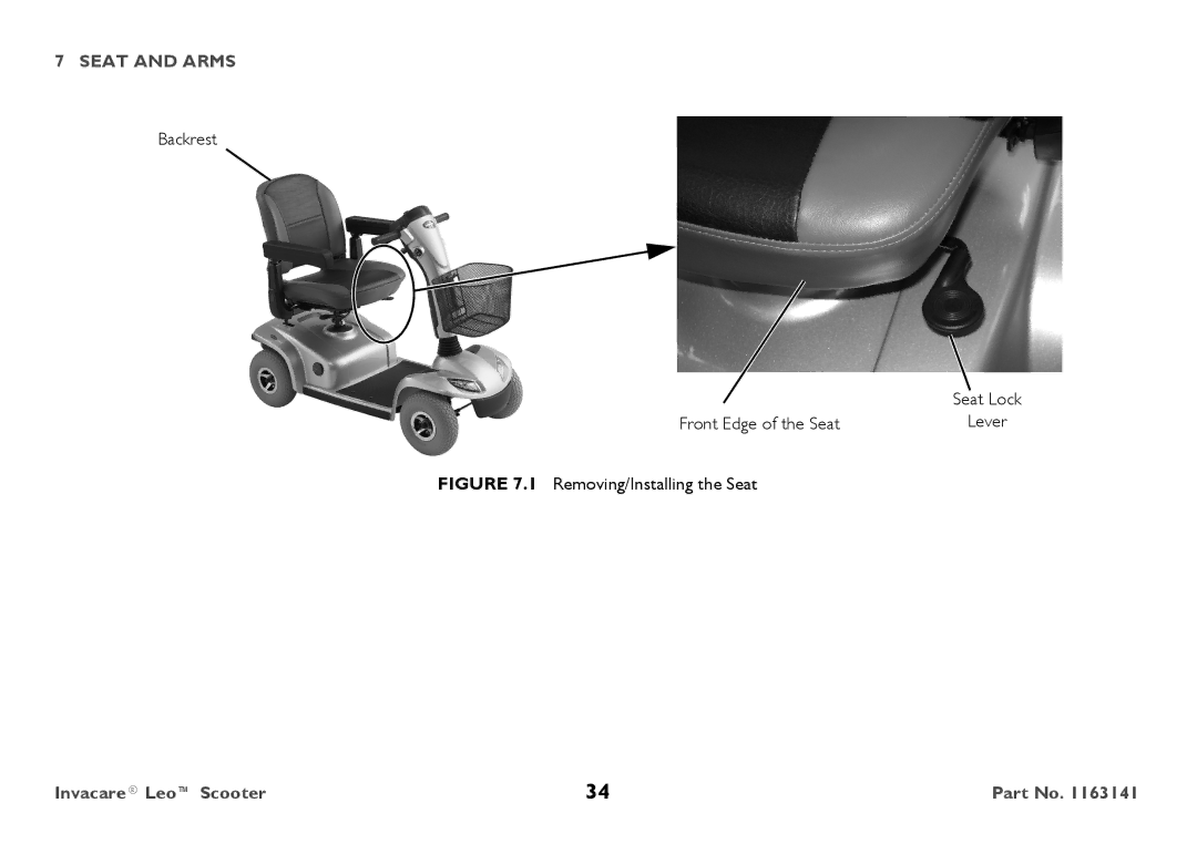 Invacare 1163141 user manual Removing/Installing the Seat 