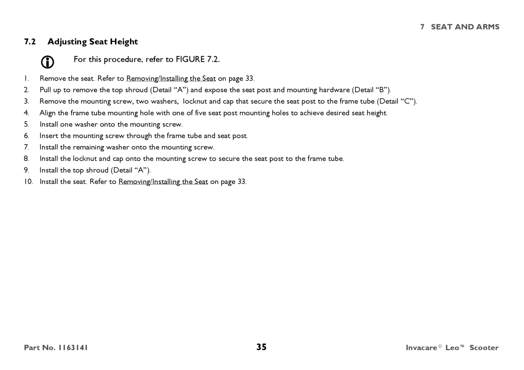 Invacare 1163141 user manual Adjusting Seat Height 