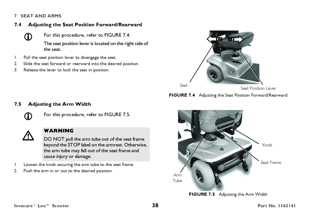 Invacare 1163141 user manual Adjusting the Seat Position Forward/Rearward, Adjusting the Arm Width 