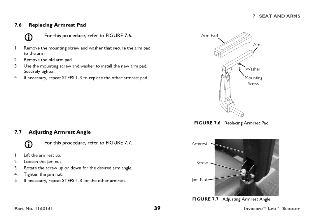 Invacare 1163141 user manual Replacing Armrest Pad, Adjusting Armrest Angle 