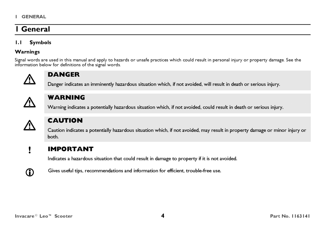 Invacare 1163141 user manual General, Symbols 