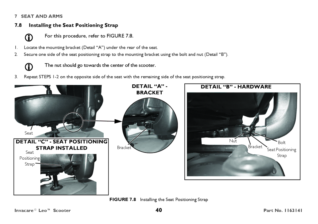 Invacare 1163141 user manual Installing the Seat Positioning Strap, Detail C Seat Positioning Seat Strap Installed 