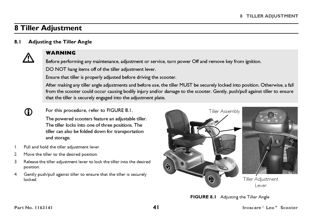 Invacare 1163141 user manual Tiller Adjustment, Adjusting the Tiller Angle 