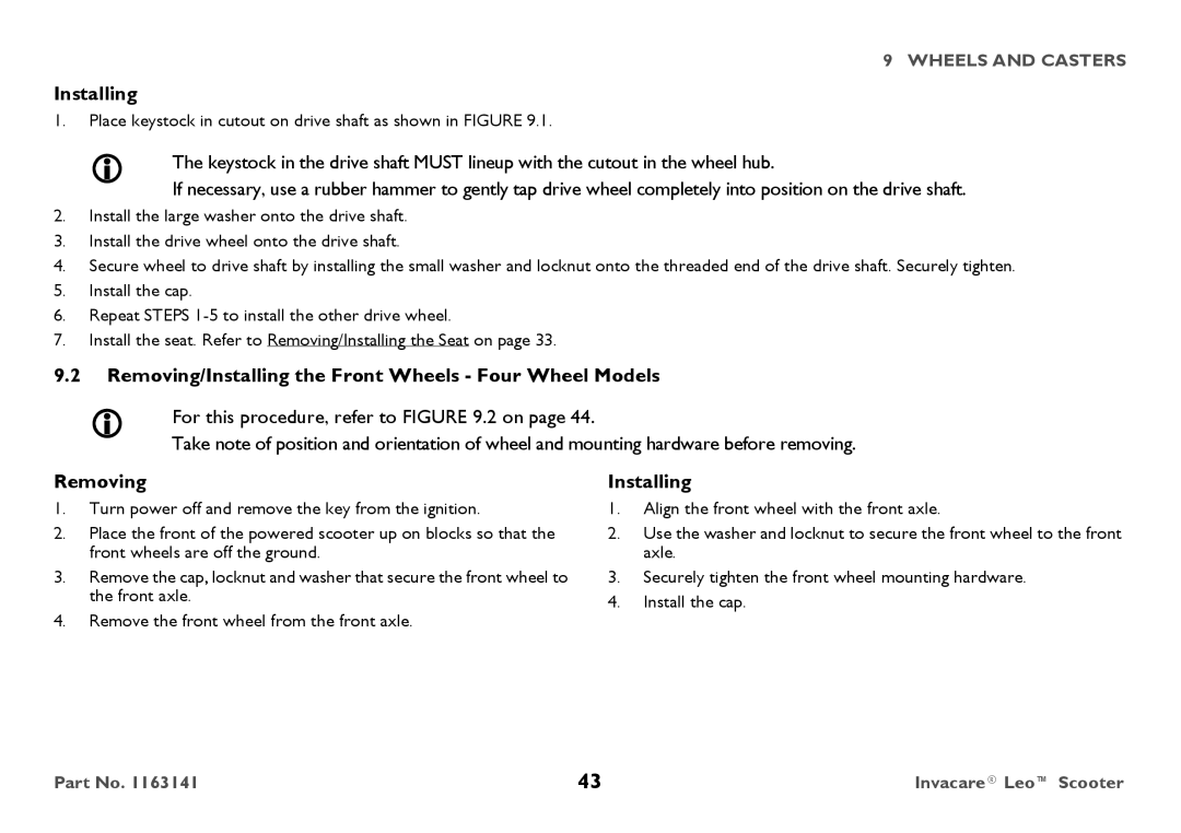 Invacare 1163141 user manual Removing/Installing the Front Wheels Four Wheel Models 